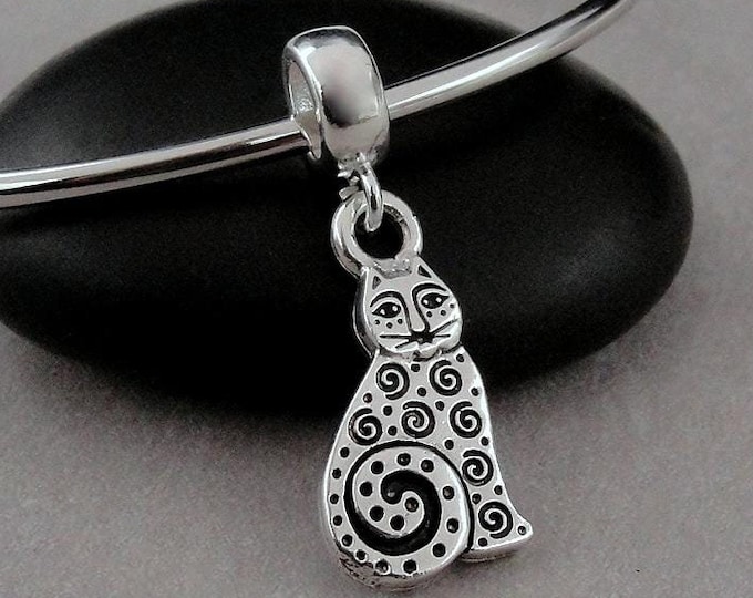 Artsy Cat European Charm, Silver Swirly Cat Dangle Charm, Unique Cat Charm with Bail, Art Deco Cat Dangle Charm, Kitty Cat Large Hole Bead