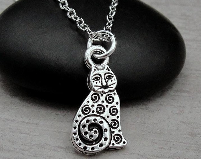 Spotted Cat Necklace, Silver Plated Abstract Swirly Cat Necklace, Art Deco Cat Charm, Artsy Tabby Cat Charm Necklace, Gift for Cat Lover