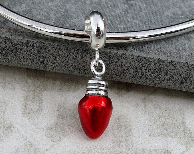 Tiny Red Christmas Light Bulb Dangle Charm, 925 Sterling Silver and Red Enameled Christmas Light European Charm, Christmas Charm Jewelry