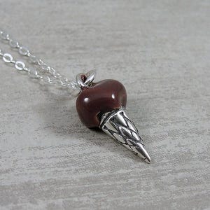 Sterling Silver Chocolate Ice Cream Cone Necklace, Ice Cream Charm, Ice Cream Pendant, Dessert Necklace, Frozen Treat Jewelry