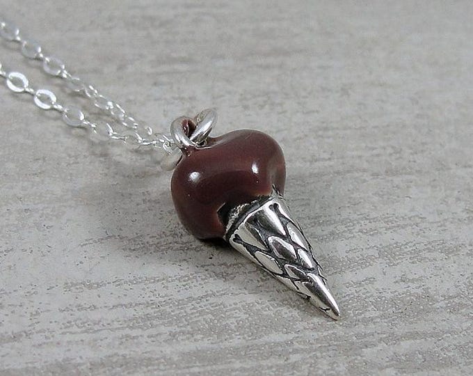 Sterling Silver Chocolate Ice Cream Cone Necklace, Ice Cream Charm, Ice Cream Pendant, Dessert Necklace, Frozen Treat Jewelry