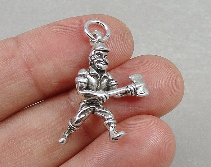 Sterling Silver Lumberjack Charm, 3D Woodsman Lumberjack Pendant, Man with Axe Charm, Paul Bunyan Charm, Bracelet Charm, Necklace Charm