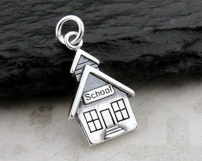 Sterling Silver School House Charm, School Pendant, Teacher Jewelry, Bracelet Charm, Necklace Charm, Student Teacher Gift