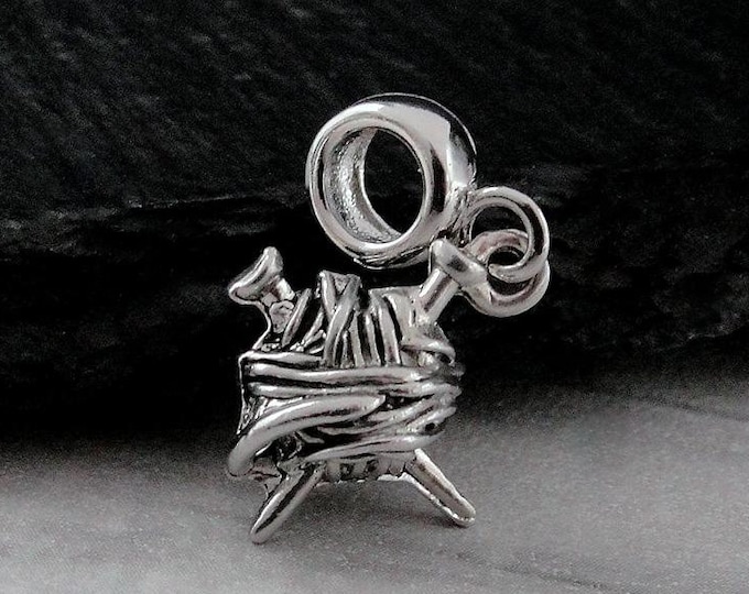 Knitting Yarn European Charm, Silver Yarn Ball Dangle Charm, Knitting Charm with Bail, Knitting Needles Charm, Yarn Charm, Knitting Gift