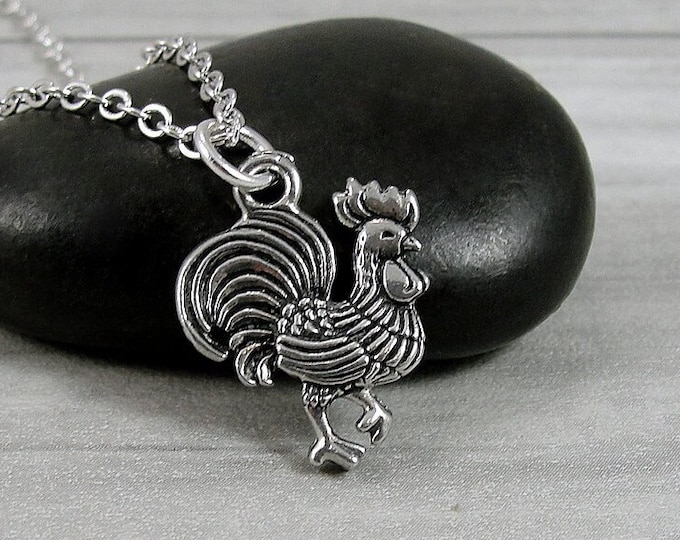 Rooster Necklace, Silver Plated Rooster Charm Necklace, Hen Necklace, Hen Charm, Farm Animal Charm, Rooster Gift, Rooster Jewelry