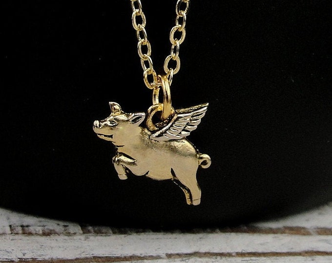 Flying Pig Necklace, Gold Winged Pig Charm Necklace, When Pigs Fly Charm Necklace, Gold Pig Charm, Gold Pig Necklace, Pig Themed Gift