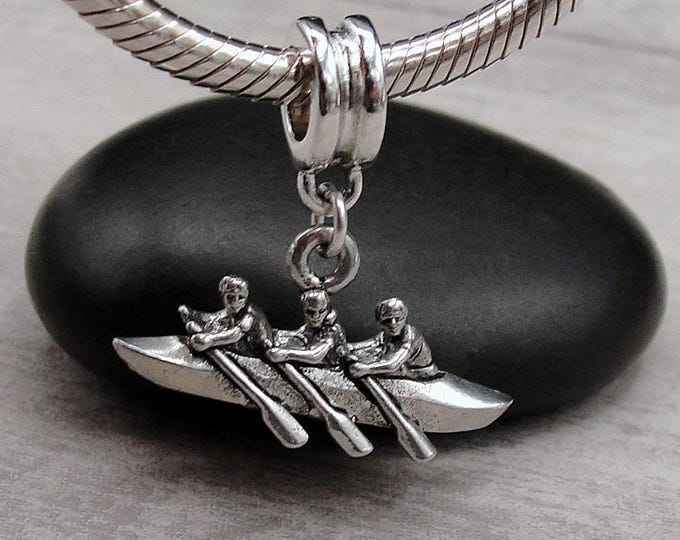 Rowboat European Charm, Silver 3D Row Boat Dangle Charm, Rowing Charm with Bail, Canoe Charm, 3D Boat Charm, Rowboat Large Hole Bead