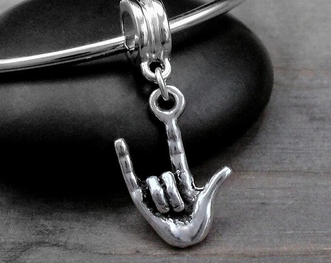Sign Language European Charm, Silver 'I Love You' Sign Language Dangle Charm, Sign Language Charm with Bail, Sign Language Gift