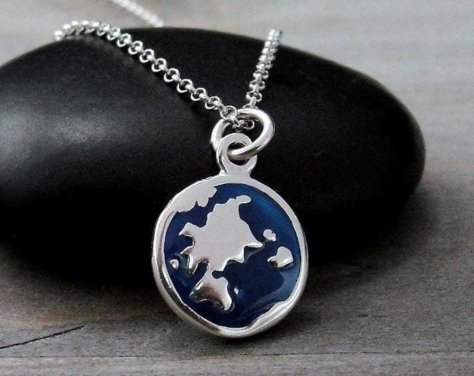 925 Sterling Silver and Blue Enamel Globe Necklace, Blue Earth Charm Necklace, World Map Charm Necklace, World Travel Charm Jewelry