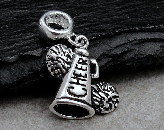 925 Sterling Silver Cheerleader Megaphone Dangle Charm, Cheerleader European Charm, Cheerleader Pom Poms Charm, Cheerleader Gift Jewelry