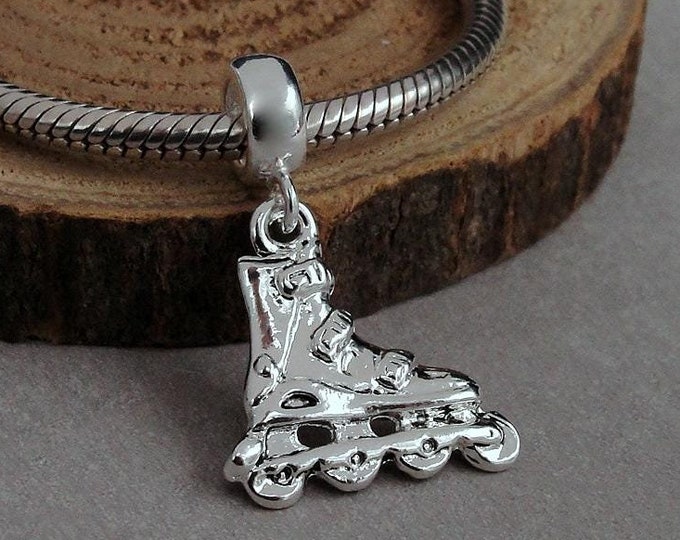 Inline Skates European Charm, Silver Rollerblaes Dangle Charm, Rollerblading Charm with Bail, Inline Skate Large Hole Bead, Skater Gift