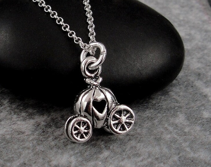 Sterling Silver Pumpkin Coach Necklace, 3D Pumpkin Carriage Charm Necklace, Fairytale Charm, Princess Charm Necklace, Princess Gift