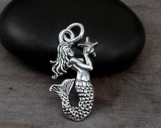 Silver Mermaid Charm, Mermaid Pendant, Girls Mermaid Jewelry, Beach Charm, Starfish Charm, Necklace Charm, Bracelet Charm, Mermaid Gift