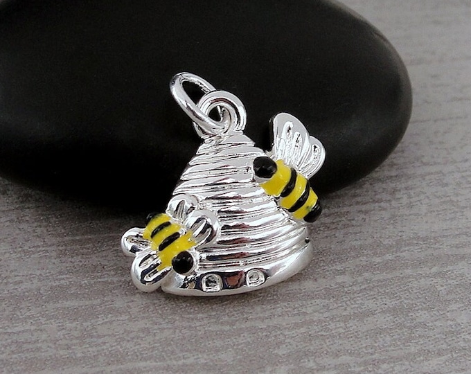 Silver Beehive Charm, Honey Bee Charm, Beekeeper Charm, Honey Bee Jewelry, Bee Lover Necklace Charm, Bracelet Charm, Bumble Bee Gift
