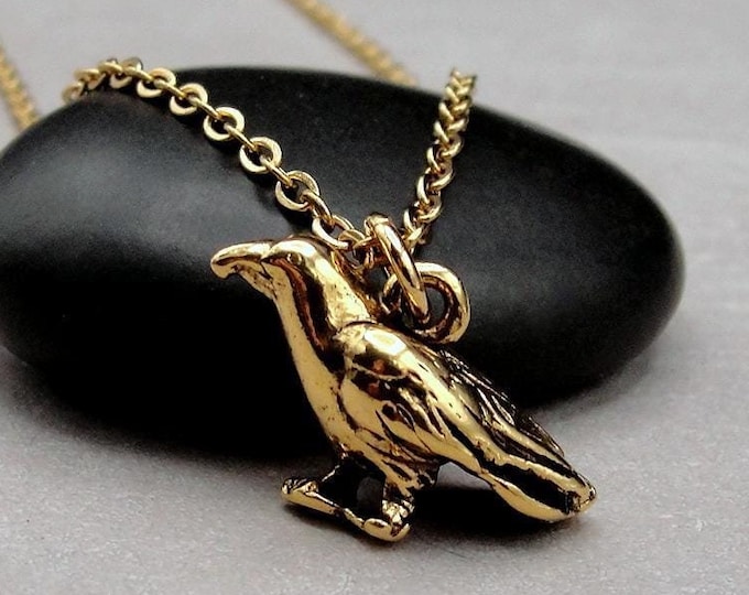 Crow Necklace, Gold Raven Charm Necklace, Rook Charm Necklace, 3D Raven Necklace, 3D Black Bird Necklace, Bird Lover Gift Jewelry