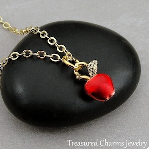 Tiny Red Apple Necklace, Gold Plated Apple Necklace, Red Apple Charm, Teacher Necklace, Teacher Jewelry, Gift for Teacher, Red Apple Jewelry