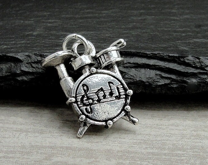 Silver Drum Set Charm, Drum Kit Charm, Drummer Percussionist Charm, Band Drummer Jewelry, Necklace Charm, Bracelet Charm, Gift for Drummer