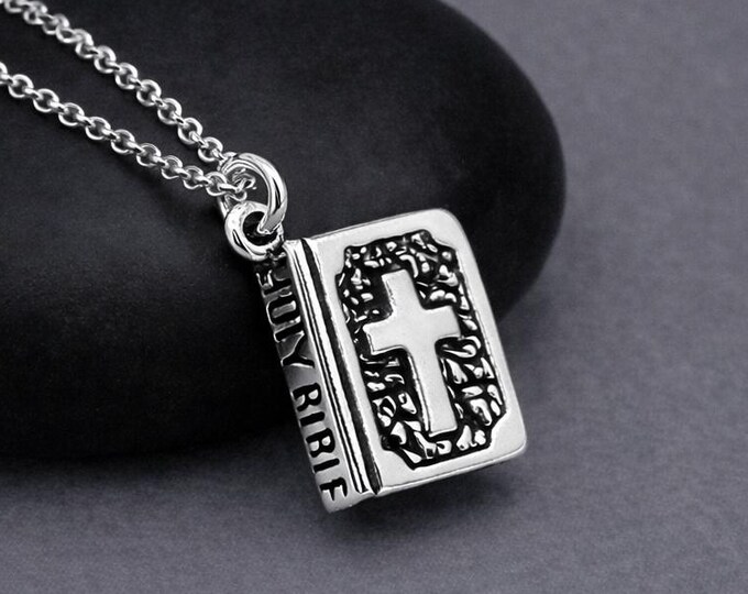 Holy Bible Necklace, Sterling Silver Bible Charm, 3D Bible Pendant, Religious Necklace, Bible Jewelry, Christian Gift
