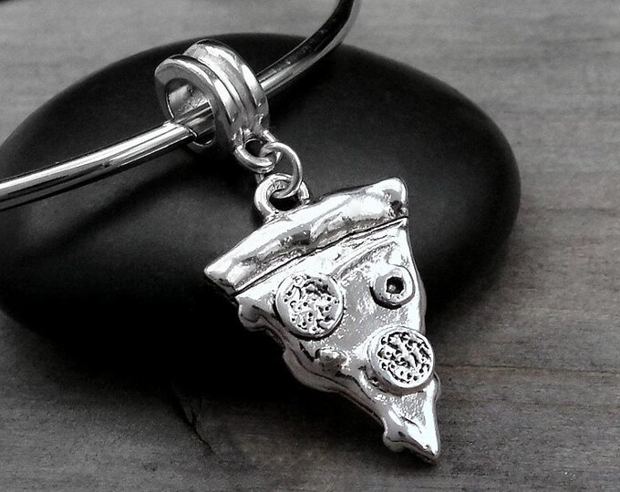 Pizza European Charm, Silver Slice of Pizza Dangle Charm, Pepperoni Pizza Charm with Bail, Pizza Dangle Charm, Pizza Large Hole Bead