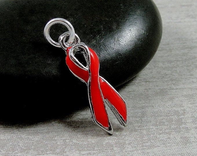 CLOSEOUT - Red Awareness Ribbon Charm, Silver and Red Awareness Ribbon Pendant, HIV/AIDS Heart Disease Awareness Charm, Necklace Charm