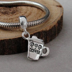 Coffee Cup European Charm, Silver Coffee Mug Dangle Charm, Coffee Lover Charm with Bail, Coffee Cup Large Hole Bead, Barista Charm