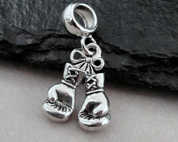 Boxing Gloves European Charm, Silver Boxing Gloves Dangle Charm, Boxer Charm with Bail, Boxing Bracelet Charm, Boxing Gloves Large Hole Bead