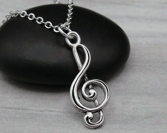Treble Clef Necklace, Silver Plated Treble Clef Charm Necklace, Music Note Necklace, Pianist Charm, Music Teacher Gift, Piano Teacher GIft