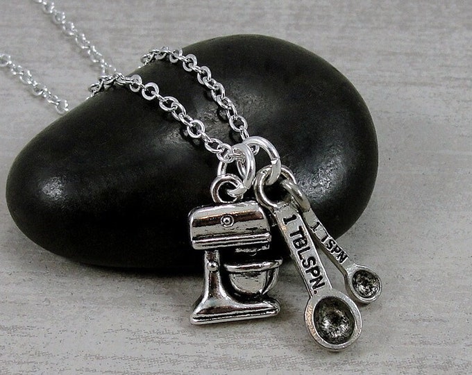Baking Necklace, Silver Kitchen Mixer Necklace, Measuring Spoons Necklace, Culinary School Gift, Baking Gift, Cooking Gift, Chef Gift