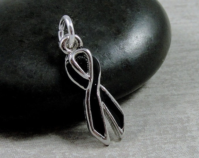 CLOSEOUT - Black Awareness Ribbon Charm, Silver and Black Awareness Ribbon Pendant, Melanoma Awareness Ribbon Charm, Necklace Charm