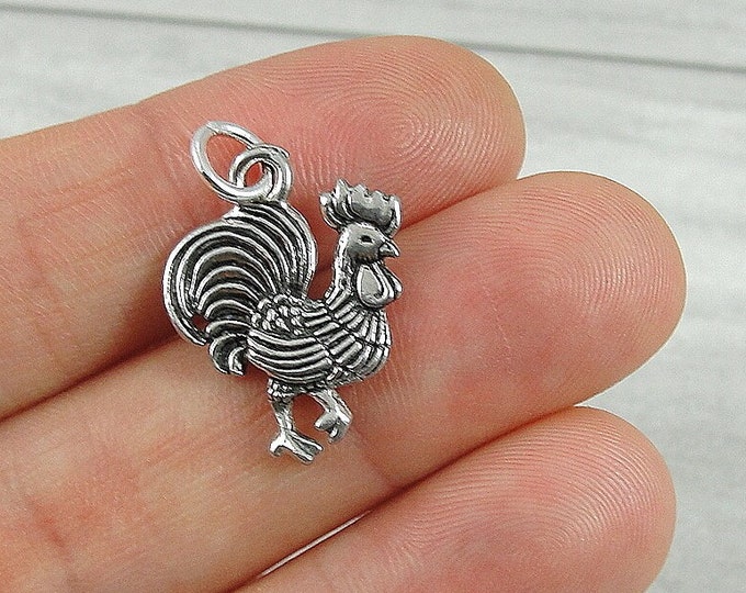 Rooster Charm - Silver Plated Rooster Hen Charm - Farm Animal Charm for Necklace or Bracelet