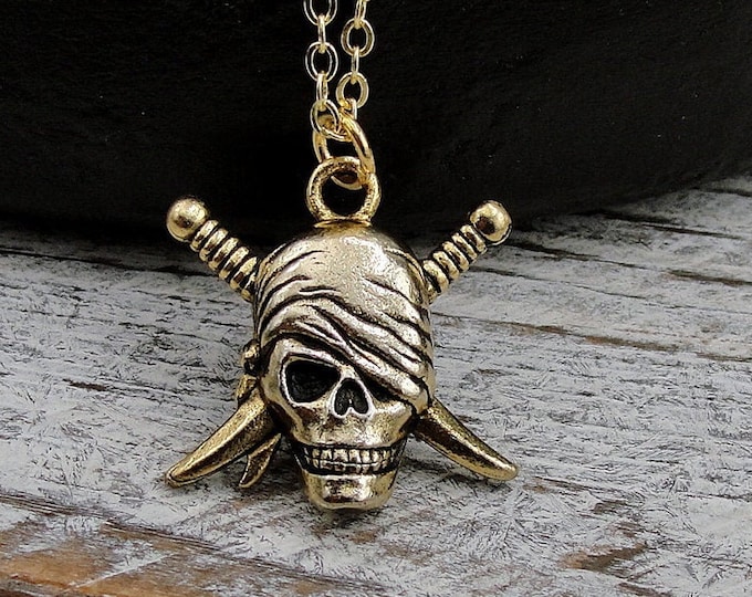 Pirate Skull Necklace, Gold Pirate Skull Charm Necklace, Gold Pirate Pendant, Pirate Swords Charm Necklace, Pirate Jewelry, Gift for Pirate
