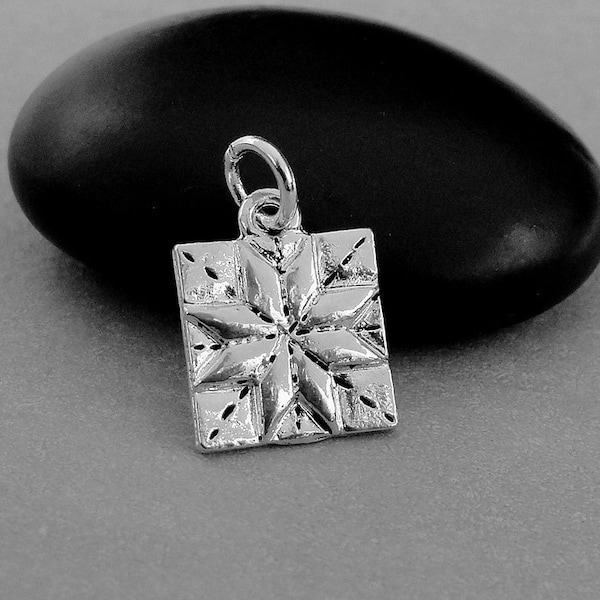 Quilt Block Charm, Silver Quilt Square Charm for Necklace or Bracelet, Quilt Patch Charm, Quilt Necklace Charm, Quilting Gift