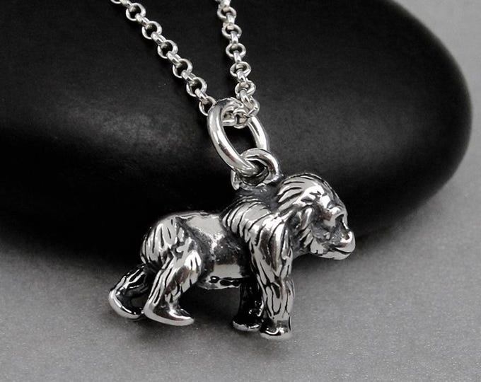 Sterling Silver 3D Gorilla Necklace, Tiny Chimpanzee Charm, Orangutan Baboon Pendant Jewelry