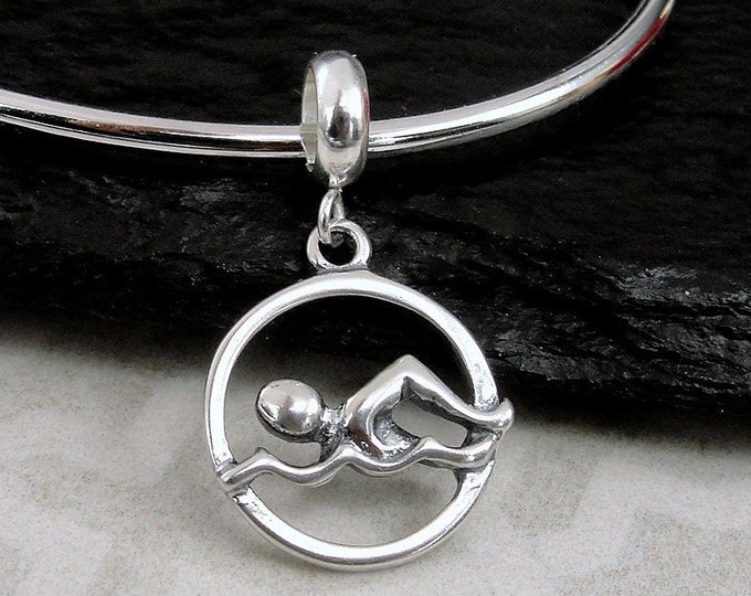Swimmer European Charm, Sterling Silver Swimming Dangle Charm, Swimming Charm with Bail, Snake Bracelet Charm, Large Hole Bead, Swimmer Gift