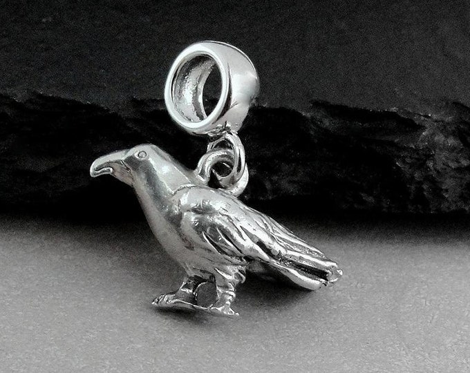 Crow European Charm, Silver 3D Raven Dangle Charm, Black Bird Charm, Silver Rook Charm, Crow Large Hole Bead, Crow Gift, Raven Gift Jewelry