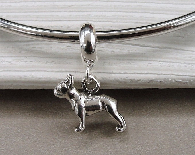 Sterling Silver Boston Terrier Dangle Bead Charm, Tiny Boston Terrier European Charm, French Bulldog Charm, Bracelet Charm, Large Hole Bead