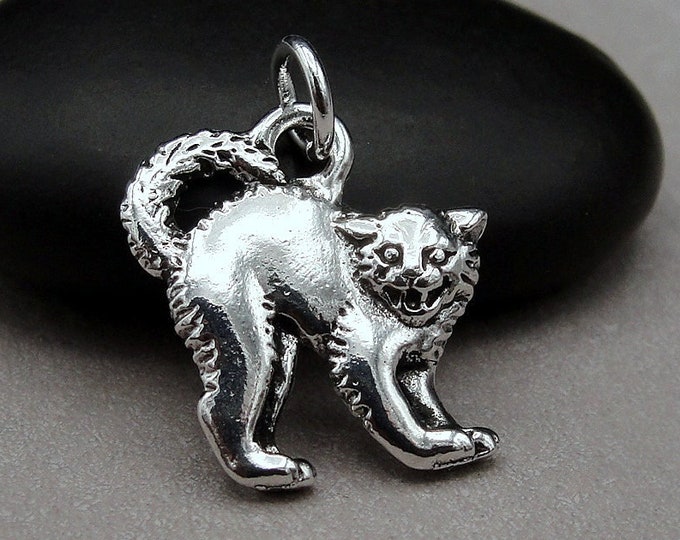 Silver Spooky Cat Charm, Scaredy Cat Charm, Halloween Cat Charm, Halloween Charm, Spooky Cat Pendant, Halloween Pendant, Halloween Jewelry
