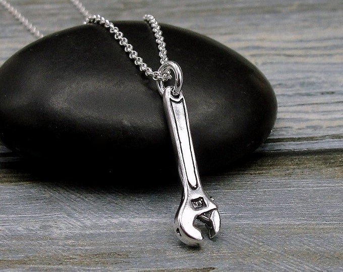 925 Sterling Silver Crescent Wrench Necklace, Wrench Charm Necklace, Monkey Wrench Charm Necklace, Silver Handyman Charm, Handyman Gift
