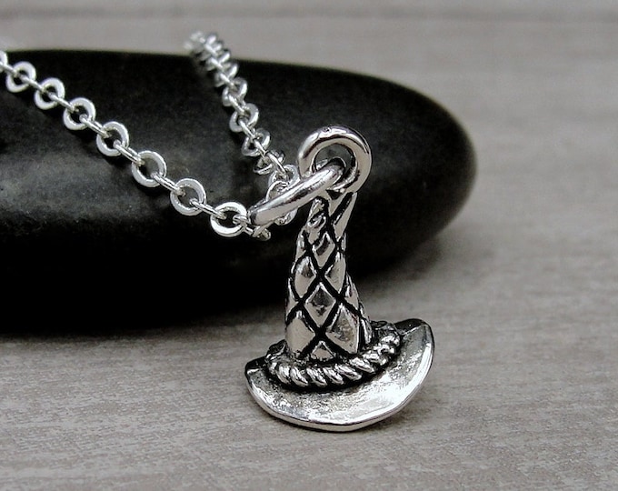 Witch Hat Necklace, Silver Plated Witch's Hat Charm Necklace, Wicked Witch Necklace, Wizard Hat Charm, Halloween Charm, Witch Gift Jewelry