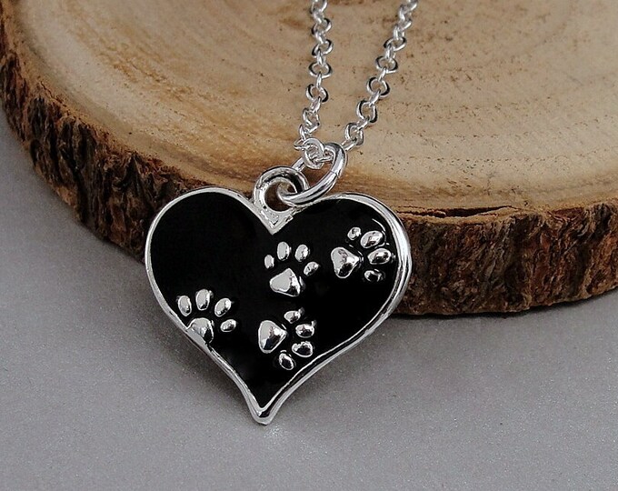 Silver Heart with Paw Prints Necklace, Heart Shaped Cat Paw Necklace, Paw Prints Charm, Paw Prints Pendant, Cat Lover Gift, Pet Lover Gift