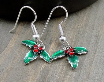 Holly Berry Earrings, Silver Plated Holly Berries Dangle Drop Earrings on French Earwires, Mistletoe Earrings, Christmas Earrings