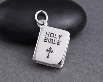 Silver 3D Holy Bible Charm for Necklace or Bracelet, Prayer Book Pendant, Religious Faith Jewelry