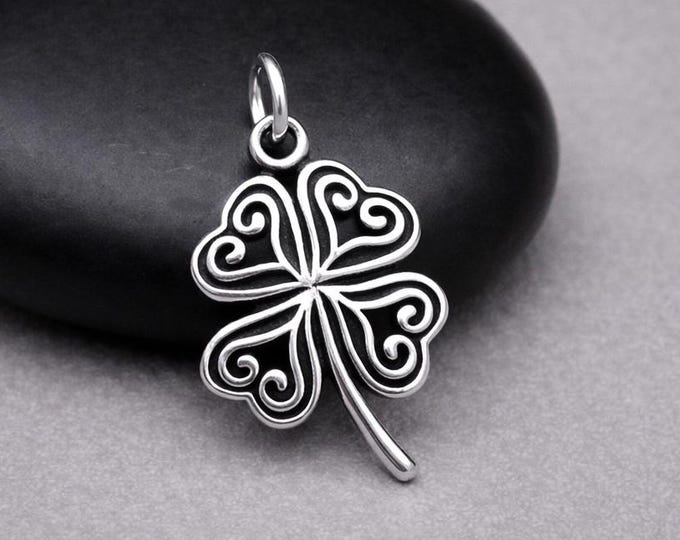 Sterling Silver Heart Shamrock Charm, Lucky Four Leaf Clover Pendant, St Patricks Day Jewelry