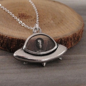 UFO Necklace, Silver Spaceship with Alien Charm Necklace, Alien UFO Charm, Flying Saucer Necklace, UFO Pendant, Extraterrestrial Necklace