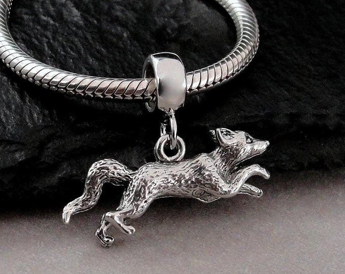 Fox European Charm, Silver Running Fox Dangle Charm, Wild Fox Charm with Bail, Coyote Charm with Bail, Fox Large Hole Bead, Fox Gift Jewelry