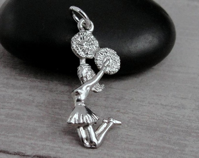 Cheerleader Charm, Silver Cheerleader Necklace Charm, Cheerleader with Pom Poms Charm, Cheerleading Charm, Cheerleader Gift, Cheer Team Gift