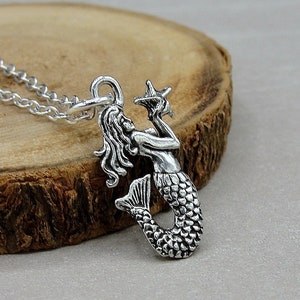 Silver Mermaid Necklace, Mermaid Charm, Mermaid Pendant, Ocean Beach Starfish Necklace, Girls Mermaid Jewelry, Mermaid Gift