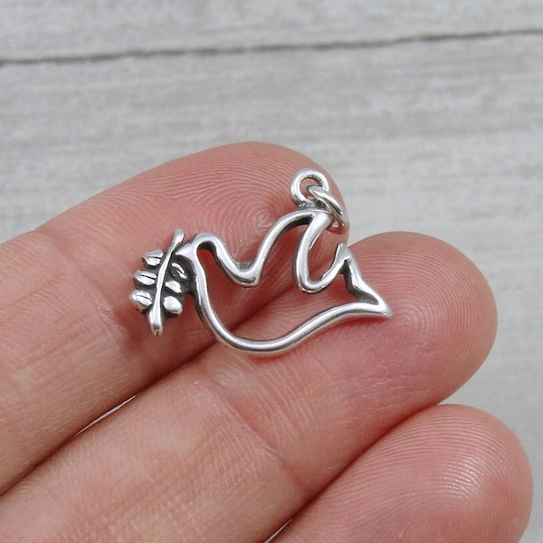 Sterling Silver Peace Dove Charm, Dove with Olive Branch Charm, Dove Outline Pendant, Bracelet Charm, Necklace Charm