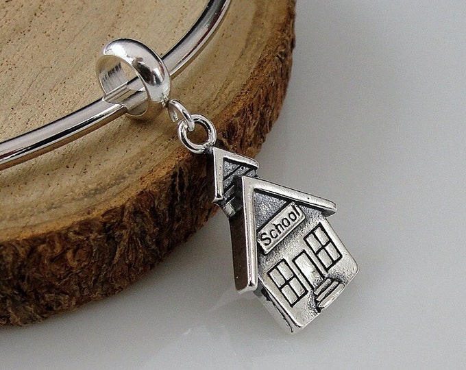 Sterling Silver School Dangle Bead Charm, 3D School House Charm, Teacher Charm, Bracelet Charm, Large Hole Bead, Big Hole Bead