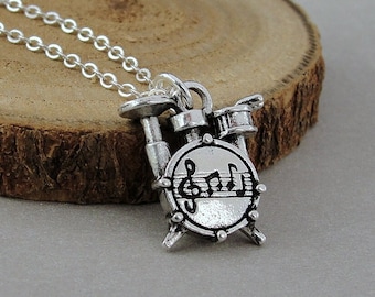 Silver Drum Set Necklace, Drummer Charm Necklace, Drum Kit Charm Necklace, Drummer Percussionist Charm, Band Player Drums Charm Jewelry